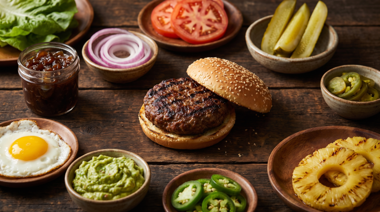 המבורגר פתוח עם קציצה צרובה על קרש עץ, מוקף קערות של תוספות: עגבנייה, בצל סגול, מלפפון חמוץ, חסה, ריבת בצל, ביצת עין, גוואקמולה, חלפיניו ואננס צרוב, איור המחשה